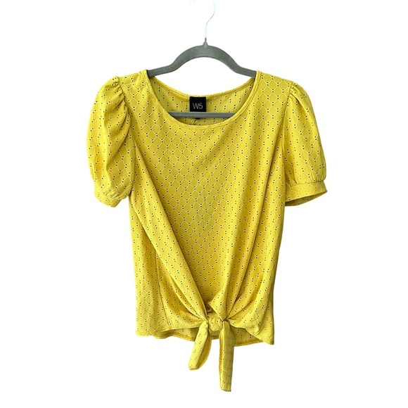 W5 Eyelet Puff Sleeve Tie-Front Blouse Mustard Yellow Dot Boho Top Size S NWT - Picture 1 of 12